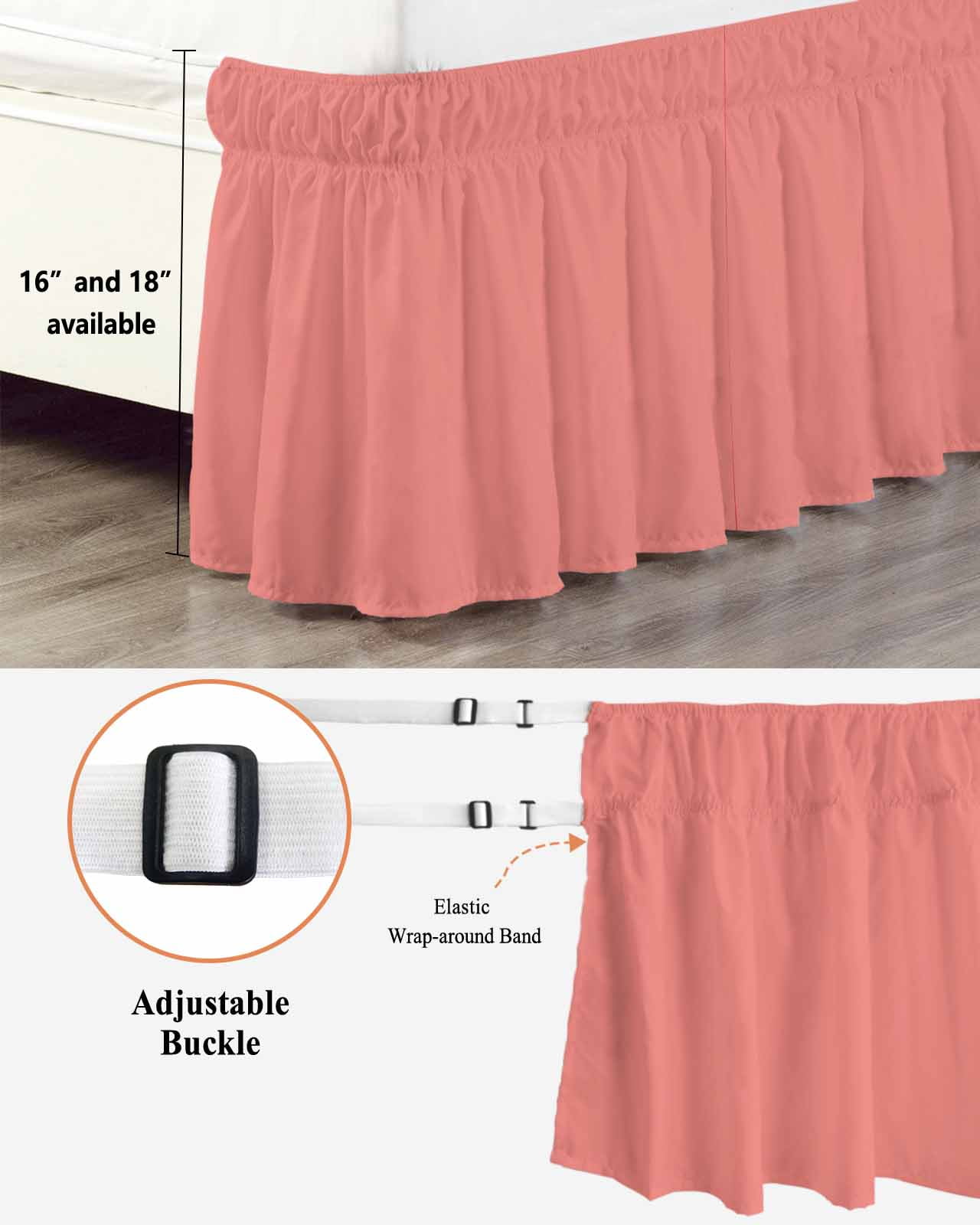 Peach Solid Bed Skirt Bed Skirts King Size 18 Inch Drop, Wrap Around Dust Ruffle&nbsp;Bedskirt with Adjustable Elastic Belt for Queen Size Beds