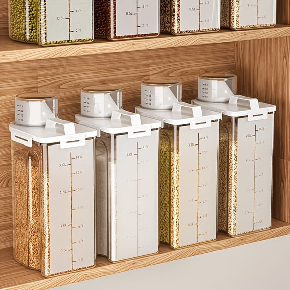 L-4pcs,4 Pack Large Airtight Rice Storage Containers with Measuring Scoops, Clear Thick Plastic Dry Food Dispensers, Leak-Proof & Moisture-Proof Storage Boxes with Pour Spouts, for Rice, Grain, Flour