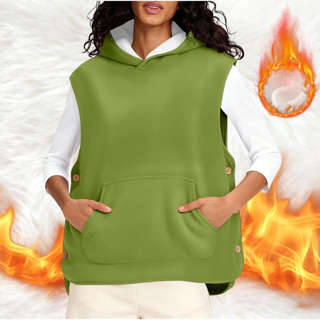 HongQid Womens Sherpa Fleeve Hooded Vest Sleeveless Hoodies Fall Winter Fluffy Tops with Pockets