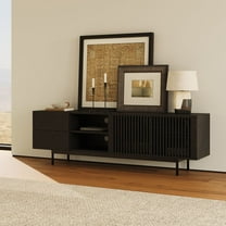 POVISON-Mid-Century Modern TV Stand, Louvered Wood Entertainment Center with Slatted Doors, Open Storage, Tall-Cast Metal Legs, 70.87"