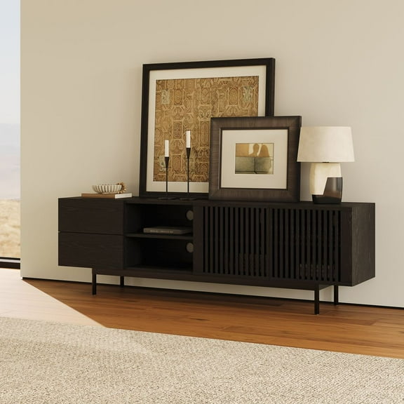 POVISON-Mid-Century Modern TV Stand, Louvered Wood Entertainment Center with Slatted Doors, Open Storage, Tall-Cast Metal Legs, 70.87"