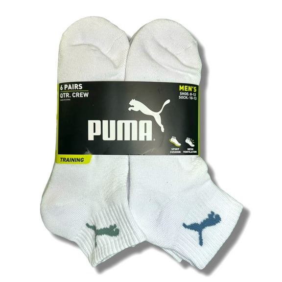PUMA SOCKS MEN'S - QUARTER CUT - FERN 253 - WHITE GREE - LARGE (10-13) PACK 6 XX
