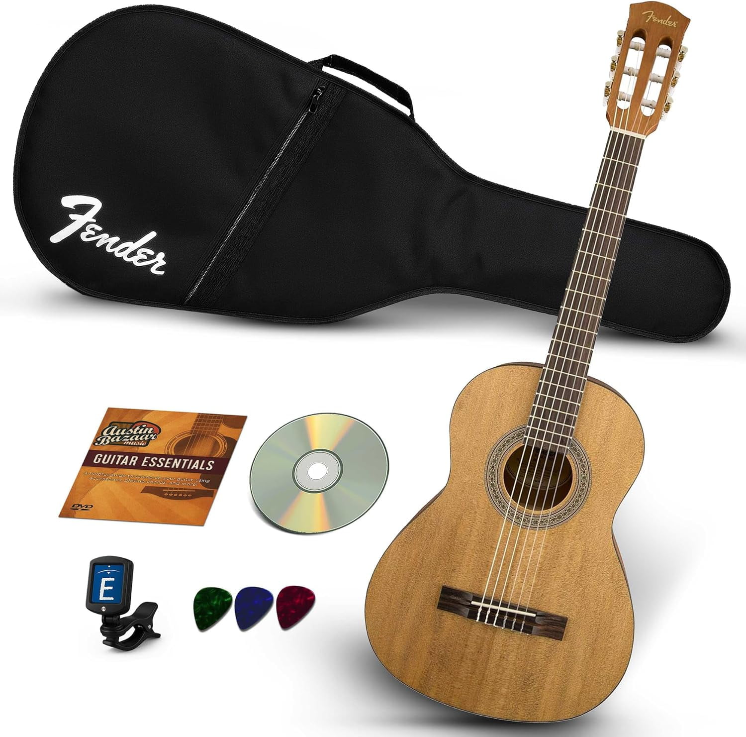 Fender FA-15N 3/4-Size Kids Classical Guitar - Natural Learn-to-Play Bundle with Gig Bag, Tuner, and Austin Bazaar Instructional DVD
