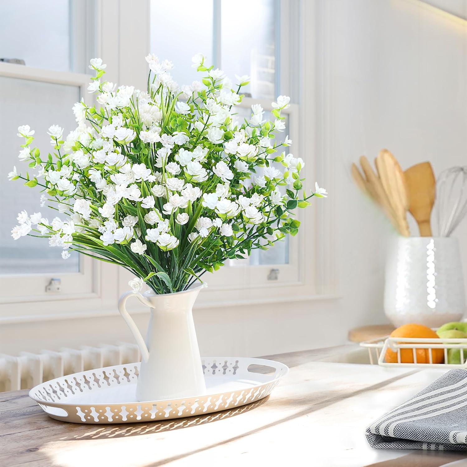 Artificial Flowers for Outdoors 24 Bundles UV Resistant Boxwood Shrubs Artificial Eucalyptus Fake Plants Faux Plastic Greenery for Farmhouse Garden Home Indoor Outdoor Decoration（White）