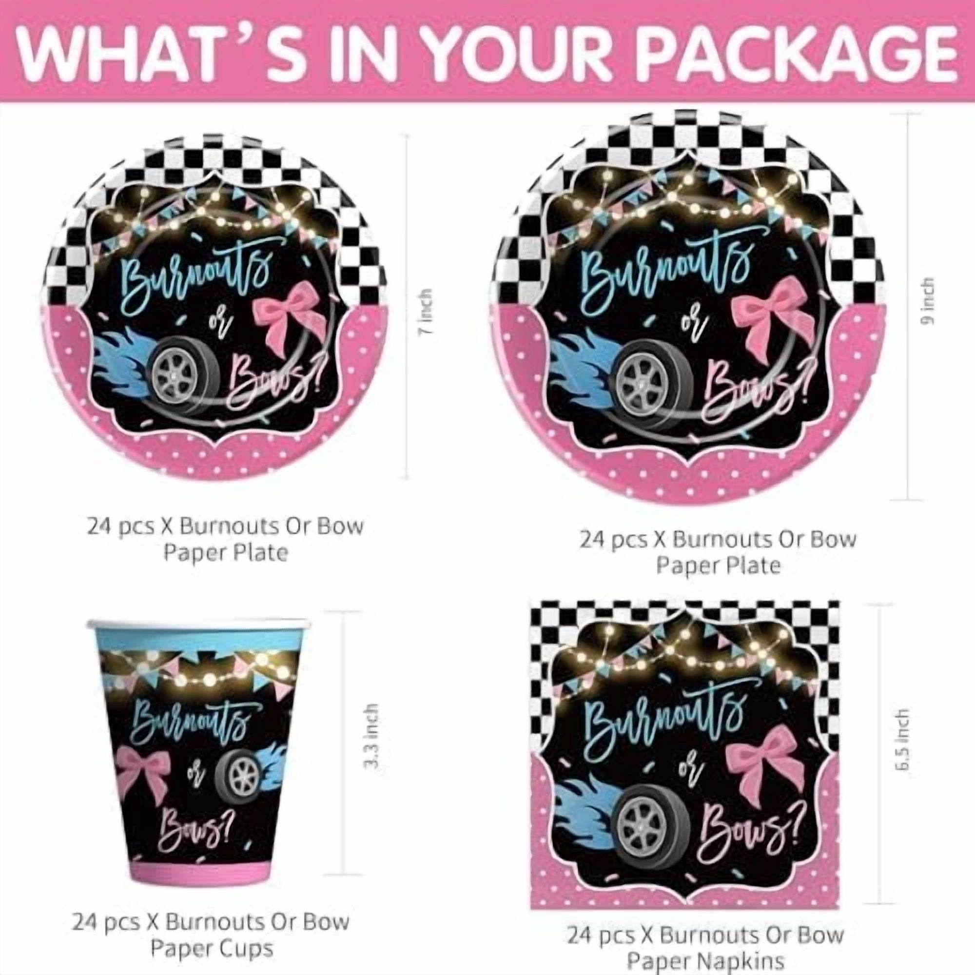 Burnouts or Bows Gender Reveal Decorations Tableware, Boy or Girl Gender Reveal Party Supplies, Plate, Cup, Napkin, Cutlery, Tablecloth, Race Car vs Bows Baby Shower Decorations, Serves 24$$