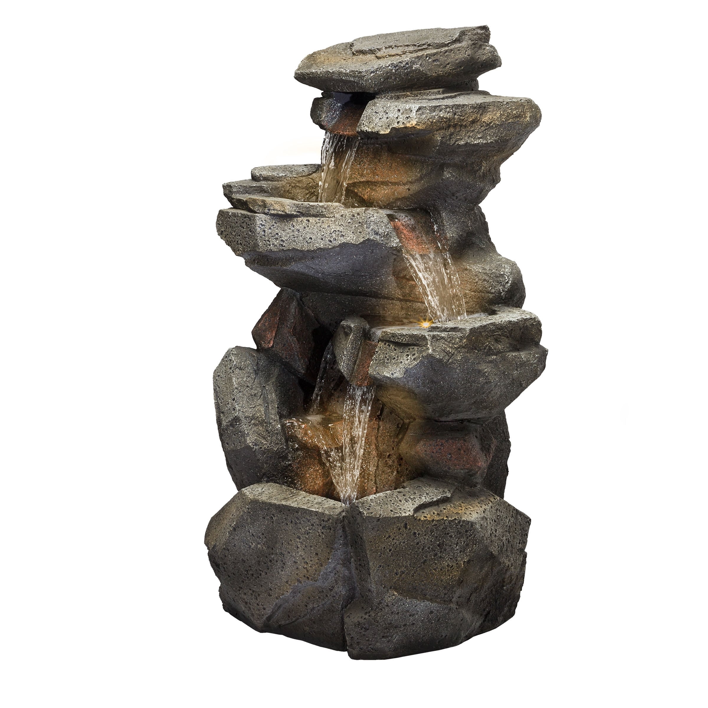 Alpine Corporation WIN1184 40" Outdoor Floor 3-Tiered Rock Waterfall Fountain with LED Lights, Natural Stone Look – Cascading Water Feature for Gardens, Patios, Yards, and Outdoor Décor, Gray