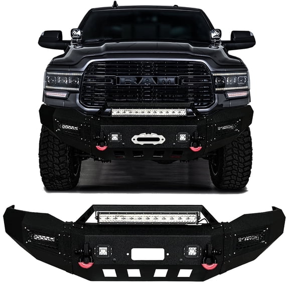 Vijay Front Bumper For 2019-2020-2021-2022-2023-2024-2025-2026 5th Gen Dodge Ram 2500/3500 Textured Black Steel with LED Lights and D-rings