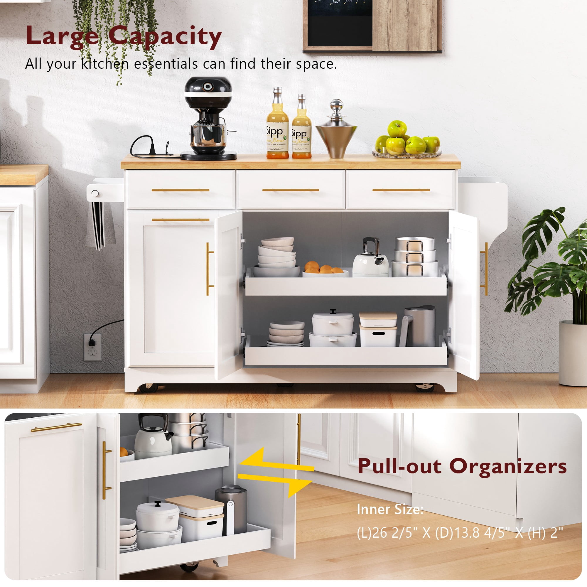 59.3" Kitchen Island with Storage 2 Pull Out Cabinet Organizers & Rubber Wood Drop Leaf, Rolling Kitchen Island with Trash Can Storage, Power Outlet, Spice & Towel Rack for Kitchen, Dining, White