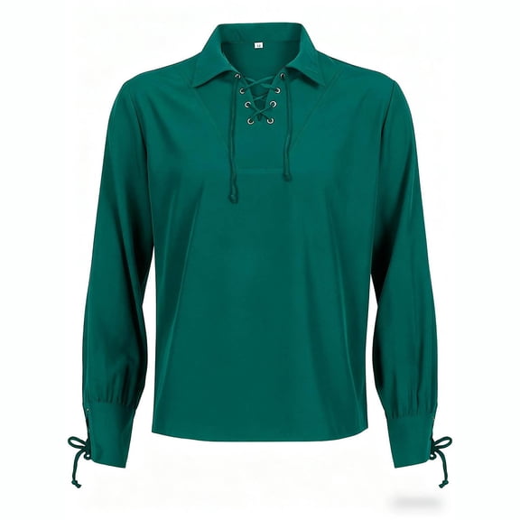 SAWOBUUN Men's Vintage Shirt V Neck Lacing Long Sleeve Solid Top Adjustable Drawstring Cuffs Casual Shirt