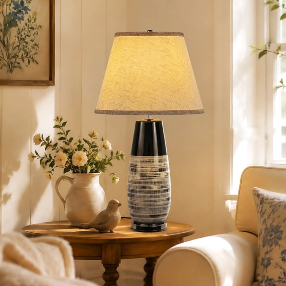 GCGAFUL 26.3in Modern Ceramic Table Lamp with Textured Base, Rustic Bedside Lamp with Fabric for Living Room, Bedroom Nightstand