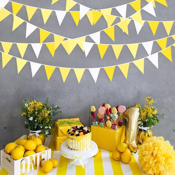 32Ft Yellow Party Decorations Yellow White Pennant Banner Fabric Triangle Flag Bunting Garland for Lemon Bee Sunflower Birthday Baby Shower Anniversary Wedding Party Home Outdoor Garden Decorations