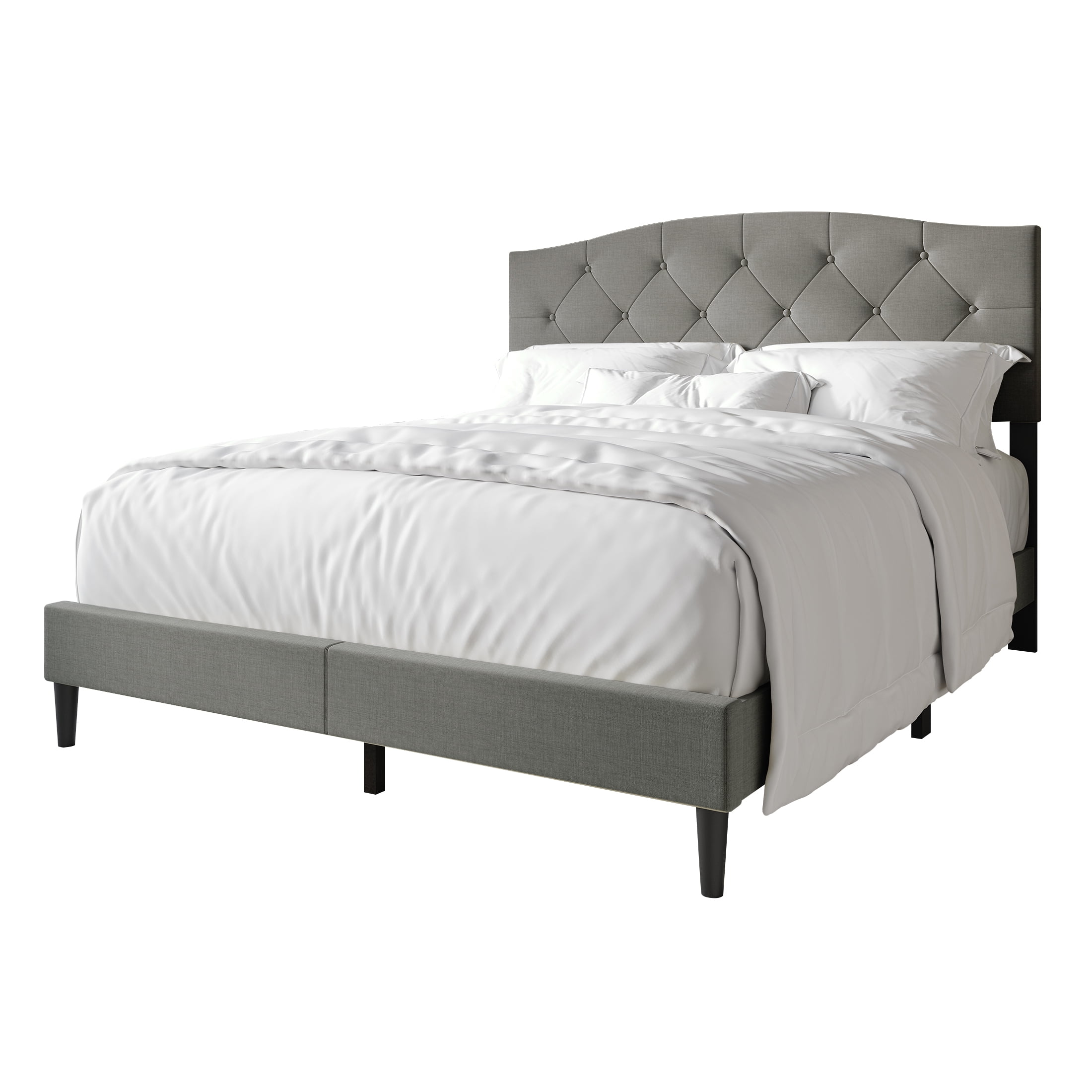 Castle Place Button Tufted Linen Upholstered Platform Bed, Light Grey, King