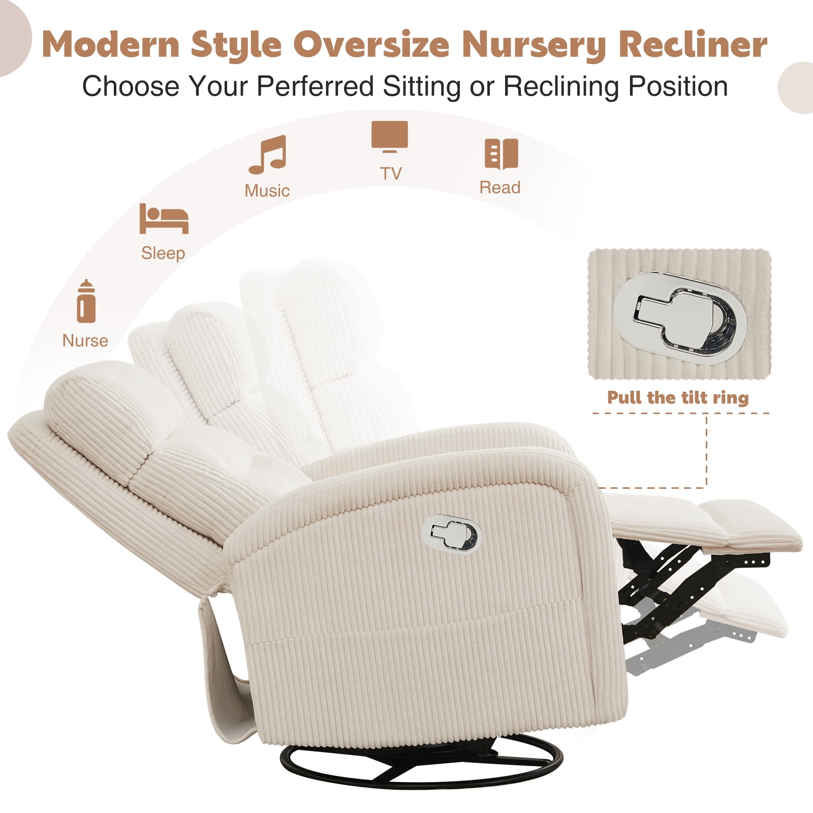 Aemeios Manual Swivel Rocker Recliner Chair, Corduroy Nursery Chair for Living Room, White
