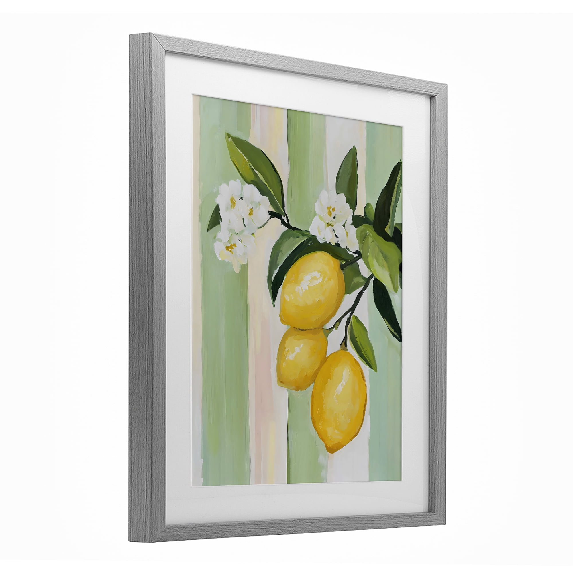 Stupell Industries Lemons & Flowers on Stripes Gray Framed Print Under Glass, design by The Prints Vibe