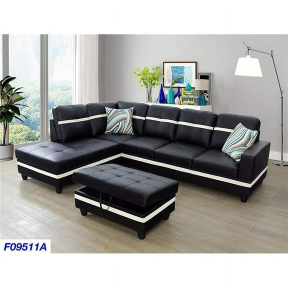 PonLiving Furniture LSF09511A 3 Piece Left Facing Sectional Sofa Set with Ottoman, Faux Leather - Black & White