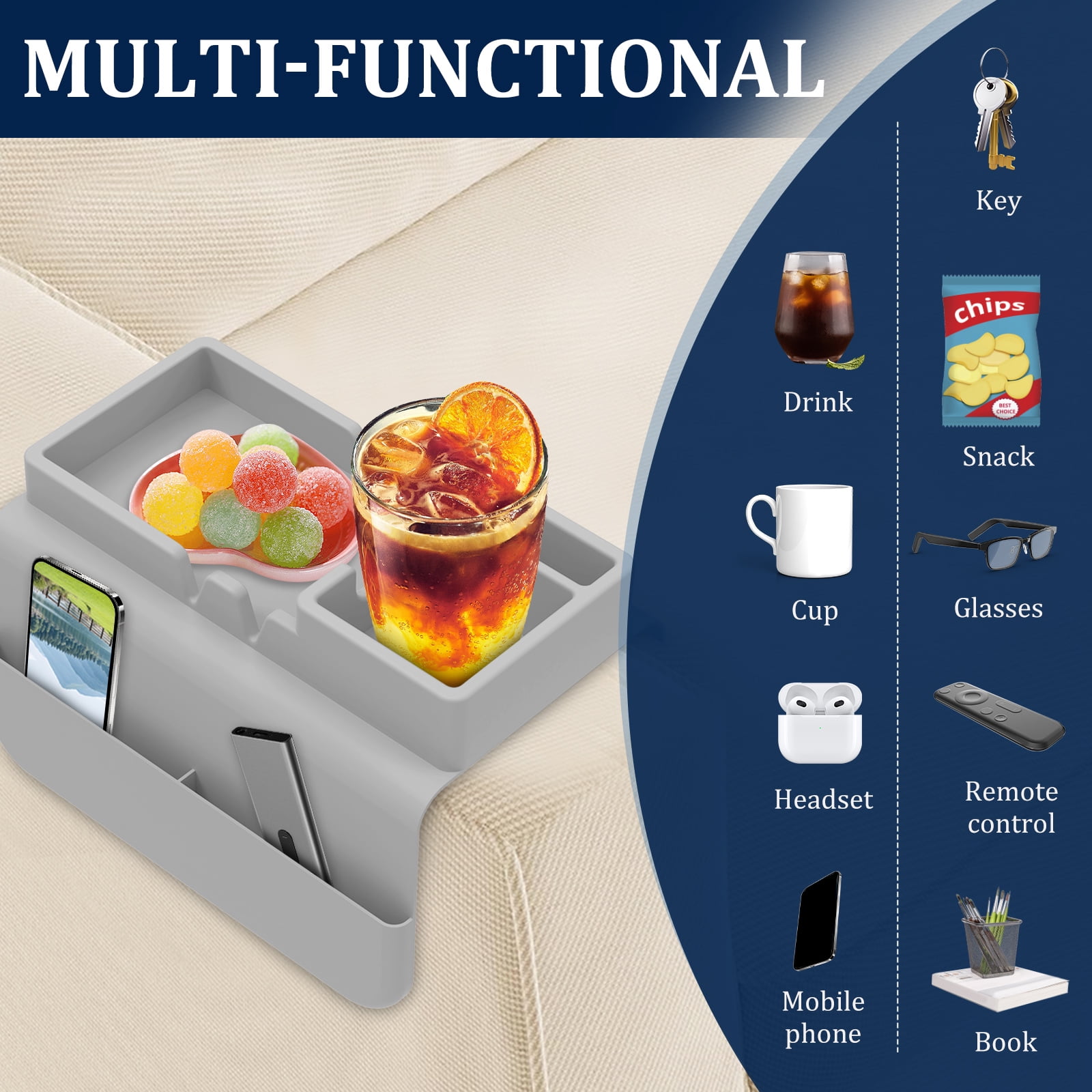 NUAHRHY Couch Cup Holder, Couch Arm Tray, Silicone Sofa Armrest Tray with Dual Side Pocket, Anti-Spill Chair Recliner Organizer for Cellphone Remote Control Snacks iPad