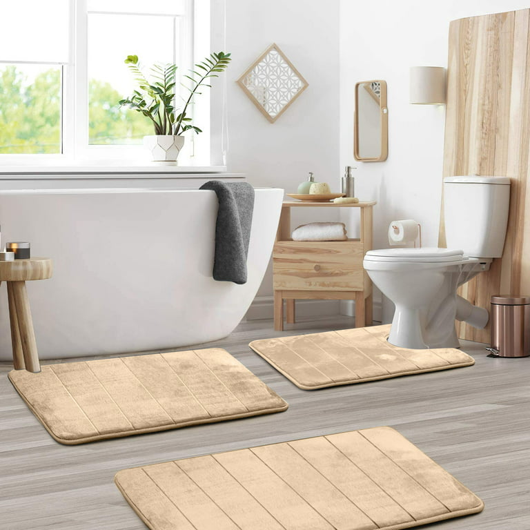 Hoey Memory Foam Bath Mat Set, Bathroom Rugs for 3 Pieces, Toilet Mats, Soft Comfortable, Water Absorption, Non-Slip, Thick, Machine Washable, Easier to