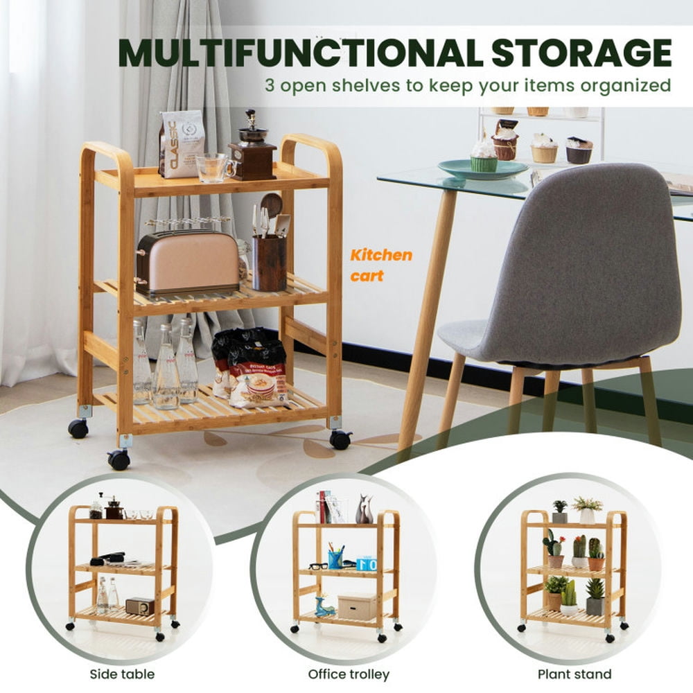 Finihen Rolling Cart, Kitchen Island Cart, Multifunctional Bamboo Kitchen Rolling Cart with Locking Casters and Sided Handles-3-Tier, for Kitchen, Dining Room, Natural