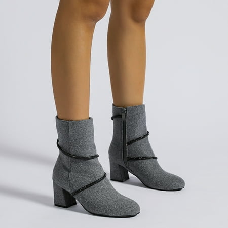 

Women‘s Fleece Round Toe High-heeled Boots Side Zipper Short Boots Women‘s Footwear
