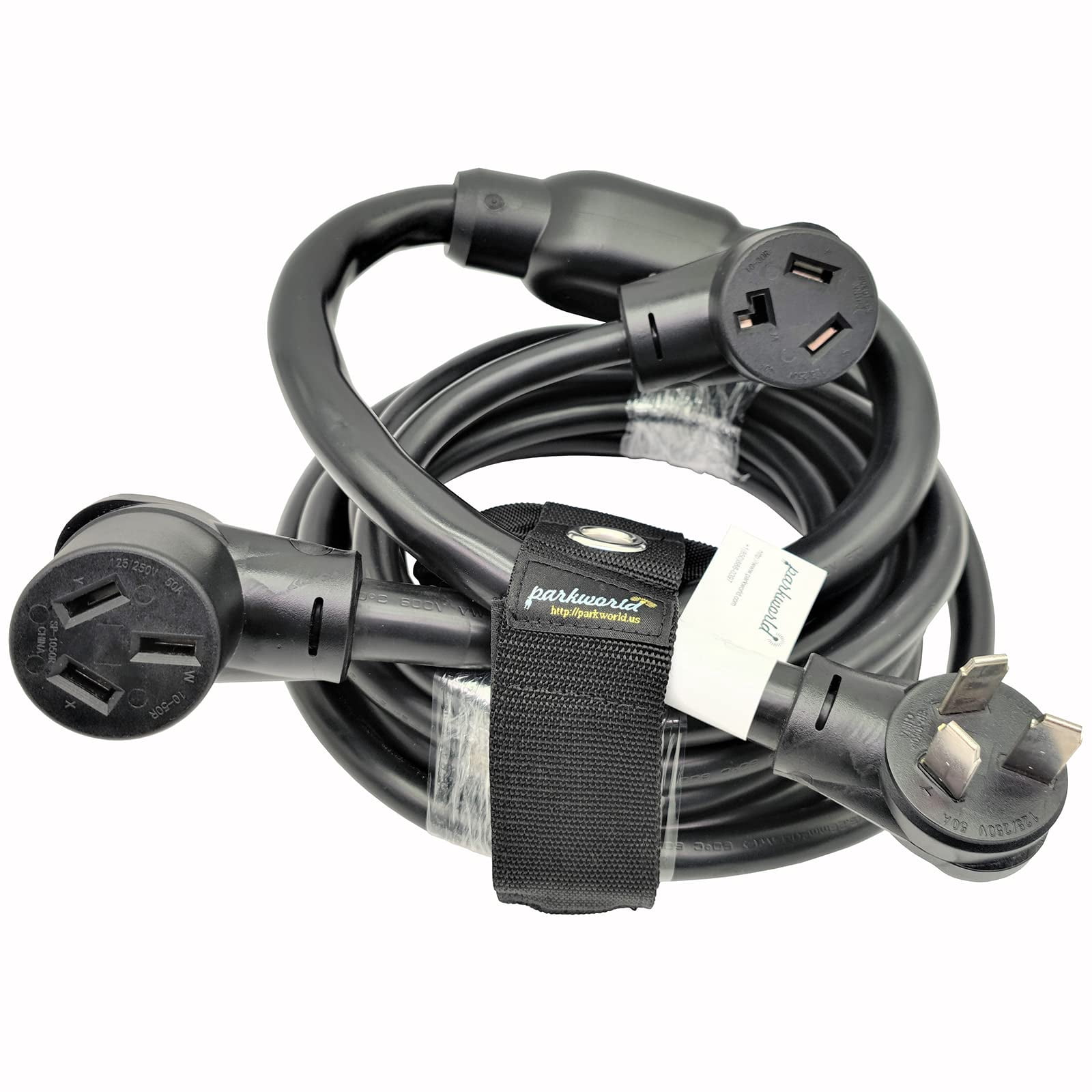 Parkworld 68000 NEMA 10-50 Splitter Cord, Industrial Male Plug 10-50P to 10-30R and 10-50R outlets, 20 feet to 10-30 Female
