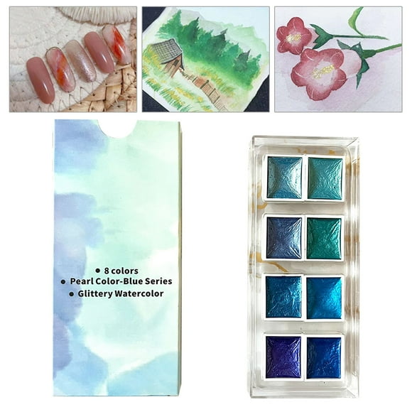 Under $5 Watercolor Paint Set, 8-Color Glitter Watercolor Set - Pearlescent Paints for Fabric & Paper Crafts, Fast-Drying, Watercolor Kit, Blue, by Goohae