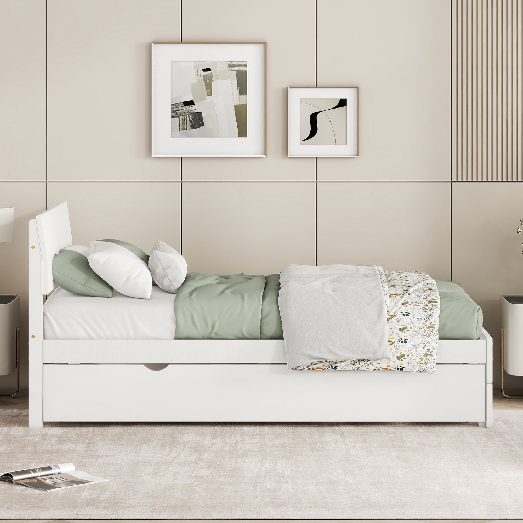 Miniyam Twin Size Platform Bed Frame with Trundle for Kids and Teens, Space-Saving, White