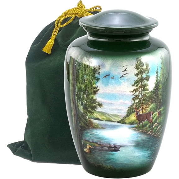 Deer Urn, Deer Cremation Urn for Ashes, Adult Hunting Urn, Buck Urn, Hand Painted Memorial Forest Urn, Flying Birds Handmade Cremation Urn with Velvet Bag (Large)