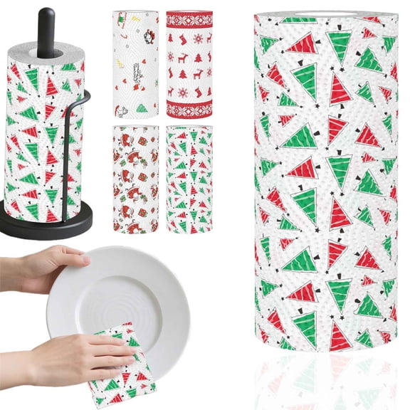 CoreLiving Holiday Paper Towels Decorative Red Green Christmas Tree Print, 2-Ply Absorbent Kitchen Hand Roll, Festive Seasonal Cleaning Supply for Home Party Decor