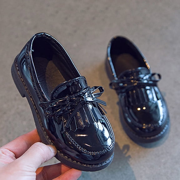 absuyy Girls Loafers Slip On Shoes with Bow & Tassel, Patent Faux Leather School Dress Flats for Kids, Black, Sizes 4-7 Big Kid 13-1 Little Kid,Size 12.5