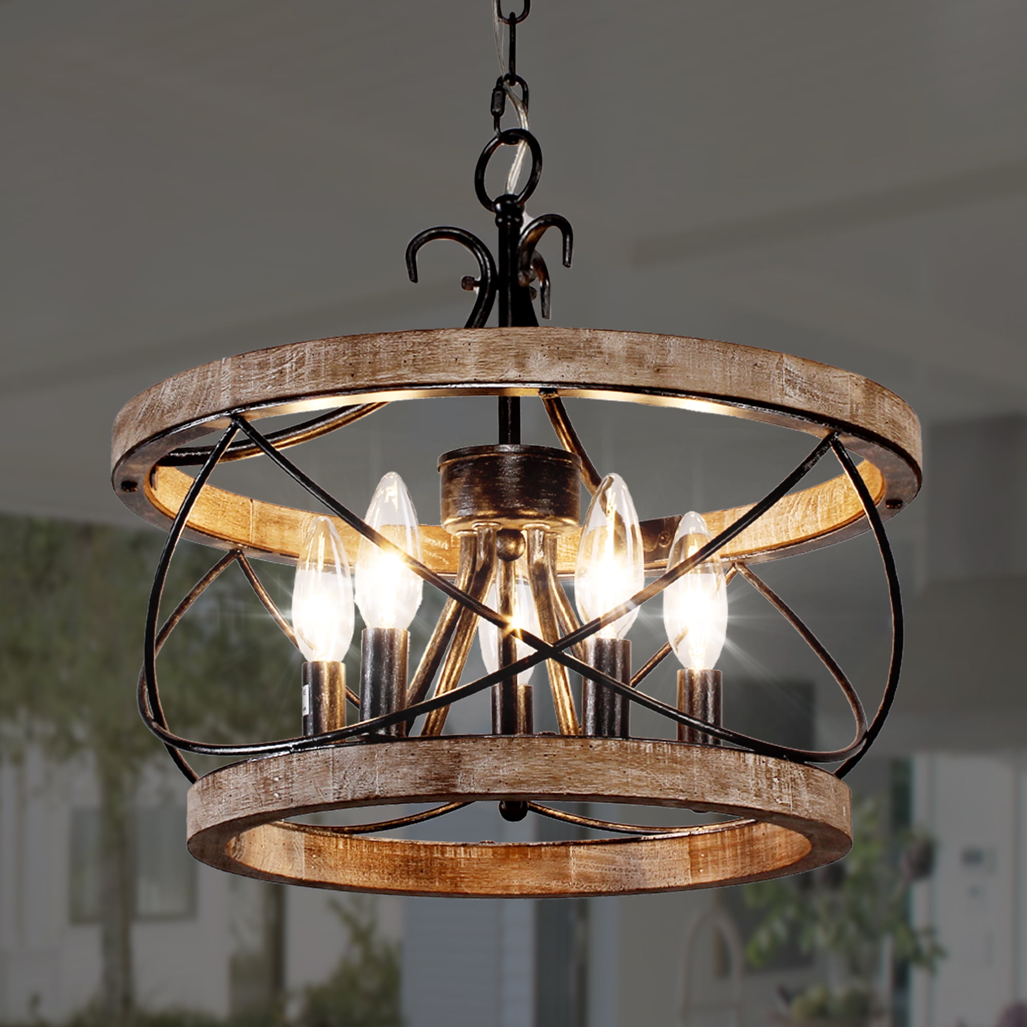 Bella Depot 15.7“ Rustic Chandelier 5-light Distressed Wood Farmhouse Ceiling Lighting with Adjustable Metal Chain for Kitchen Island and Hallway
