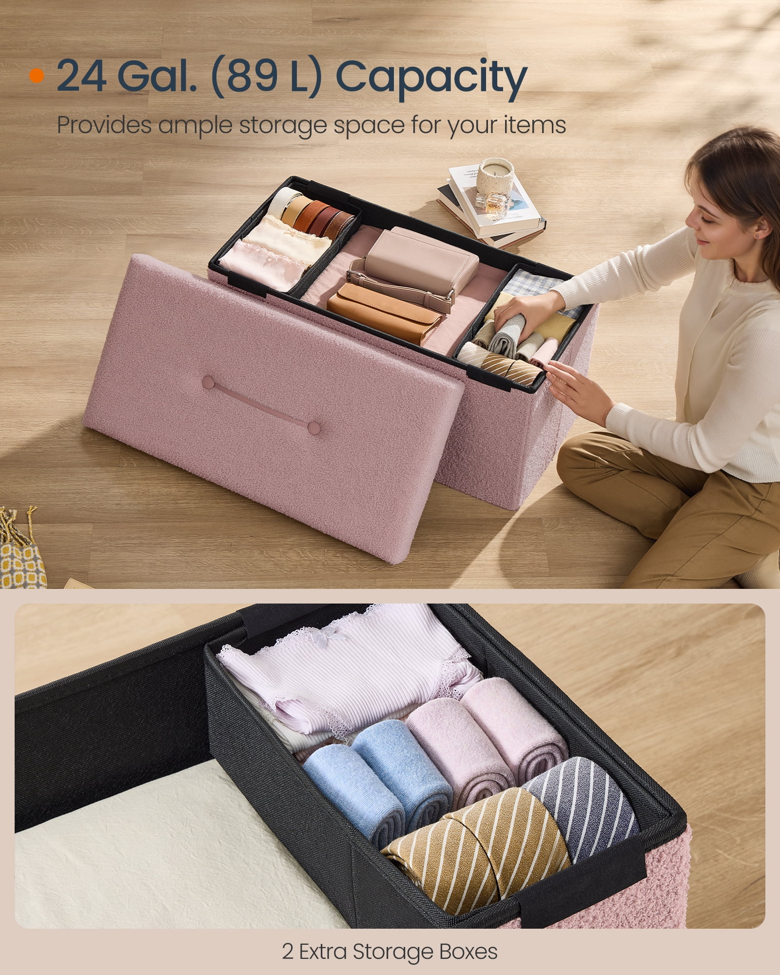 SONGMICS HOME 30" Storage Ottoman Bench Ottoman with Storage Load up to 660 lb for Living Room Bedroom Jelly Pink