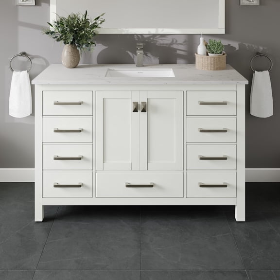 Eviva London 48" W x 18" D x 34" H White Bathroom Vanity with White Carrara Quartz Countertop