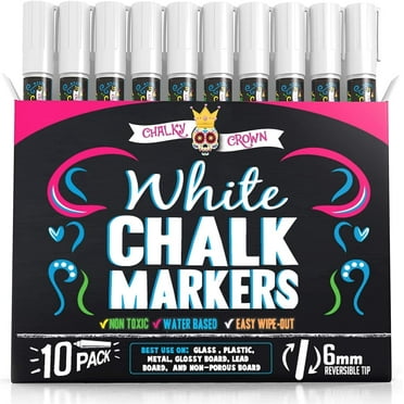 Chalky Crown - Liquid Chalk Markers for Blackboards Sign Window 6mm Rev Tip - White, 10 Packs