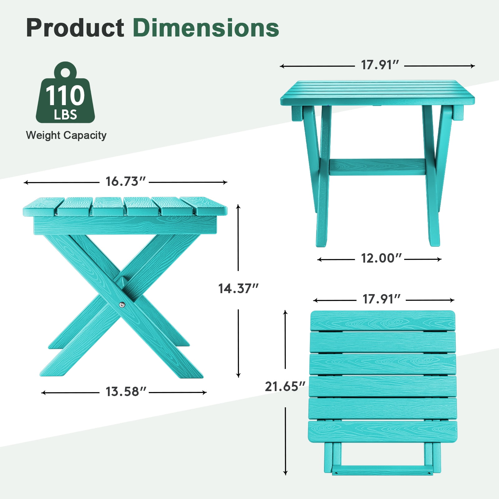 SERWALL Small Folding Side Table set 2, HDPE All Weather Adirondack End Table, No Assembly Required, Aruba