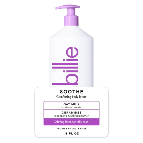 Billie Soothe Comforting Women's Body Lotion, Lavender Milk Scent, Oat Milk & Ceramides, 18 fl oz