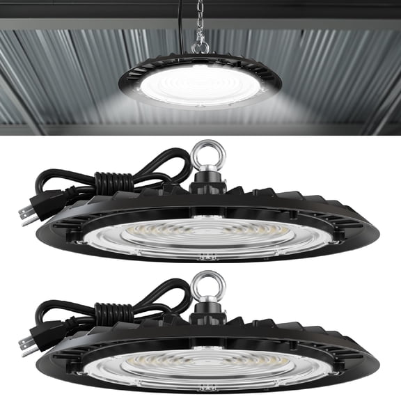 Sunco UFO LED High Bay Light, 150W, 19500 Lumens, 5000k Ultra Bright Commercial Shop Lights for Warehouse, Factory, Workshop, Garage & Barn, Ceiling Mount, Plug & Play, 120V, UL 2 Pack