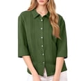 thumbnail image 5 of DAFPZW Womens 3/4 Sleeve Tops Cotton Linen Button Down Collared Shirts Pleated Casual Loose Blouses Roll Up Sleeve Shirt, 5 of 9