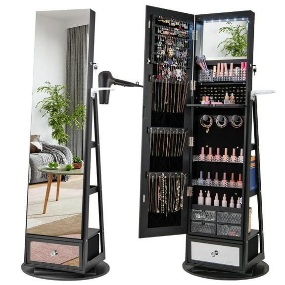 Gymax 360° Swivel Jewelry Cabinet w/ Mirror Jewelry Storage Organizer Built-in Lights Black