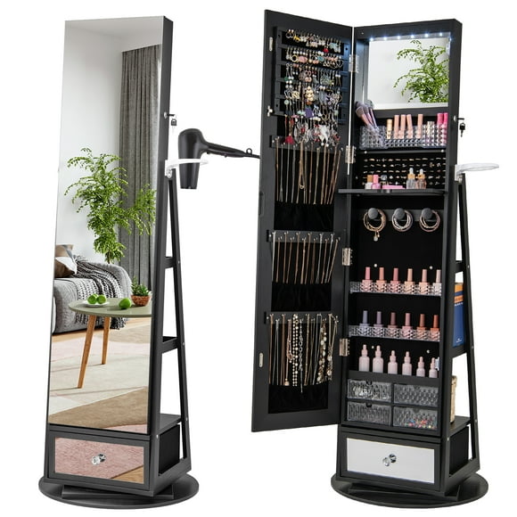 Gymax 360° Swivel Jewelry Cabinet with Built-in LED Lights and Mirror, Black