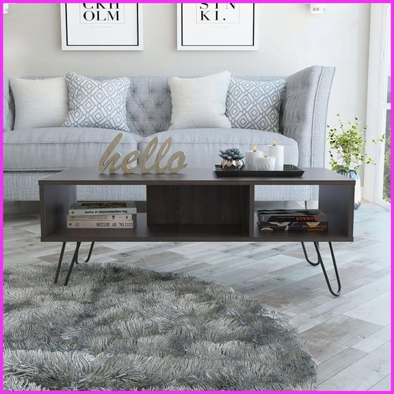 Espresso Modern Coffee Table with Hairpin Legs - 2 Open Shelves for Living Room Storage & Display