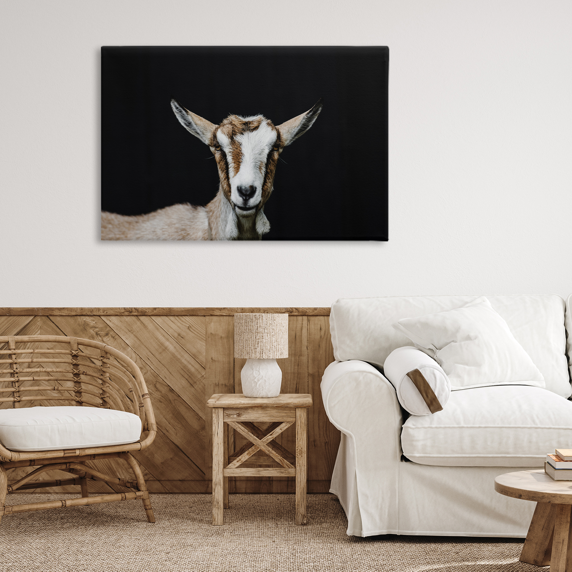 Goat Face over Black Canvas Wall Art, design by Amy Carroll