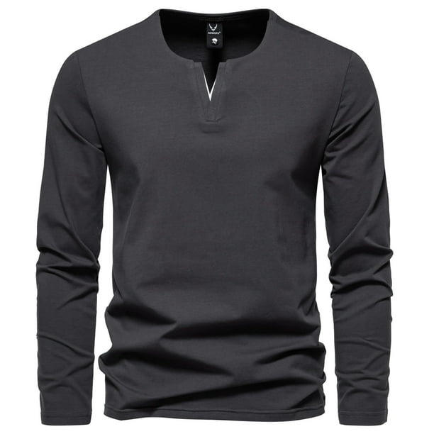 Camiseta informal de manga larga con cuello en V para hombre: color liso, poliéster, para uso diario, fácil de combinar con vaqueros - L-XXXXXL