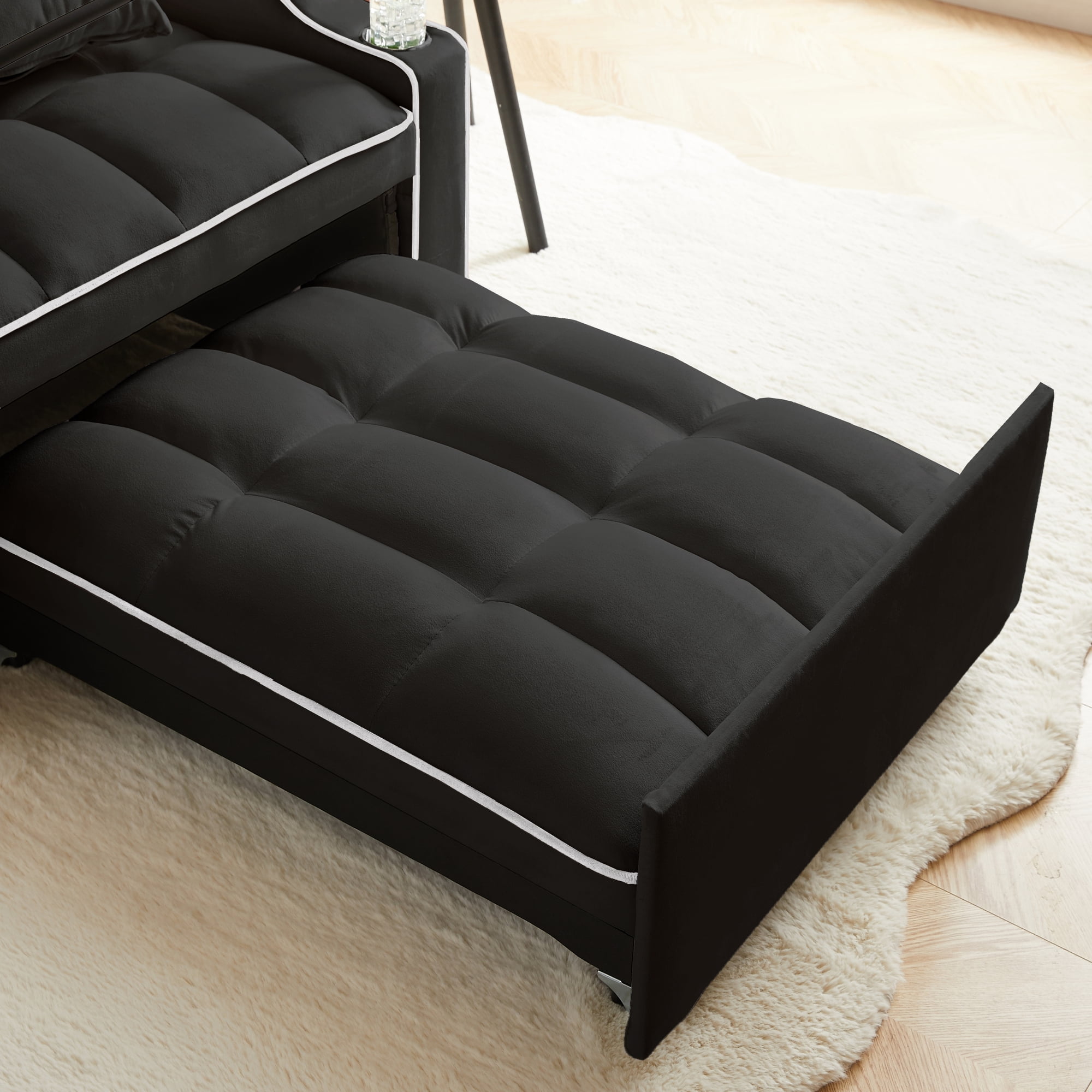 Jopath Convertible Sleeper Sofa Chair Bed,3 in 1 Velvet Single Sofa with Phone Holder & Cupholders,Pull Out Couch Recliner with Adjustable Backrest for Living Room, Office, Small Place,Black