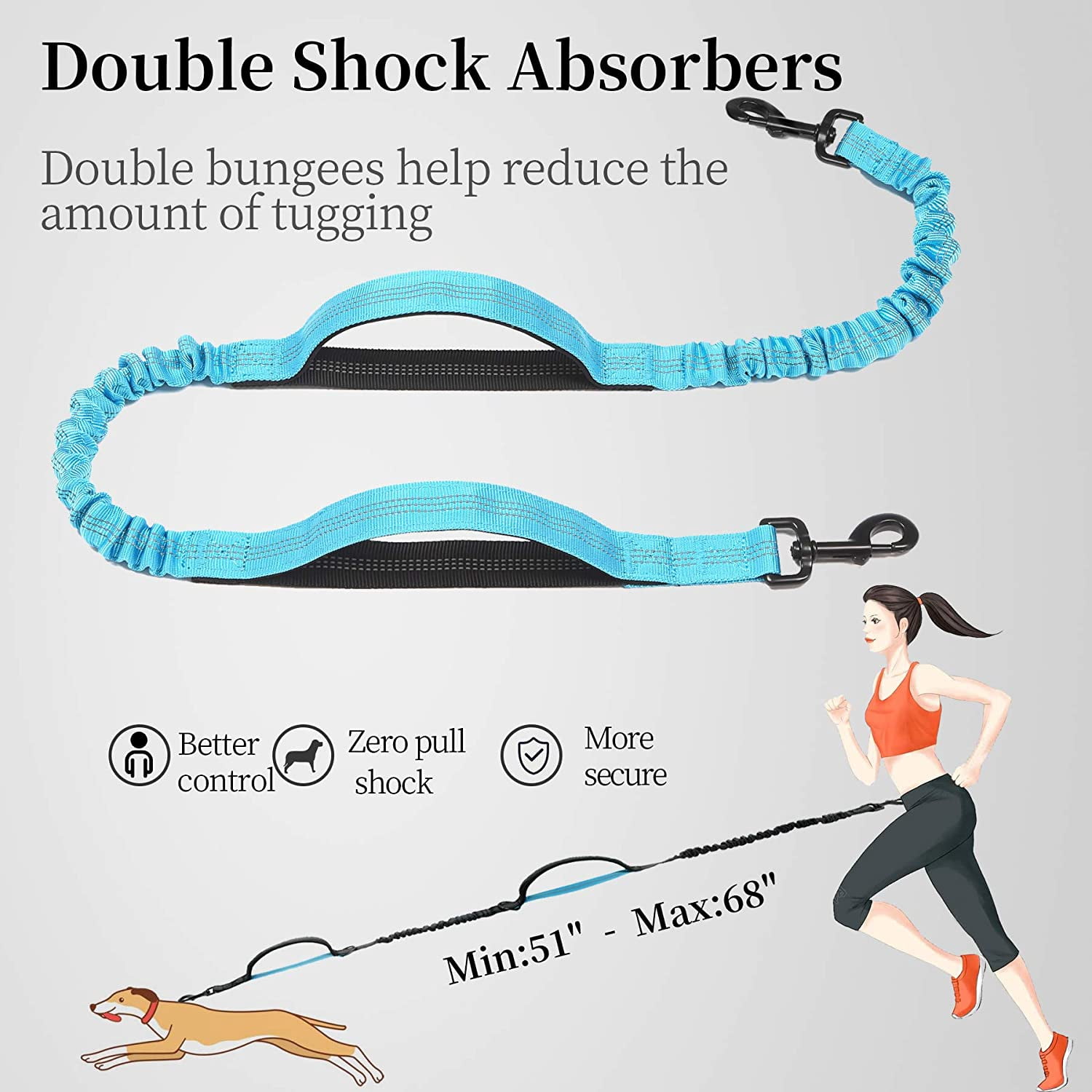 Hands Free Dog Leash with Zipper Pouch, Dual Padded Handles and Durable Bungee for Walking, Jogging and Running Your Dog (Large, 25-120 lbs, Blue)