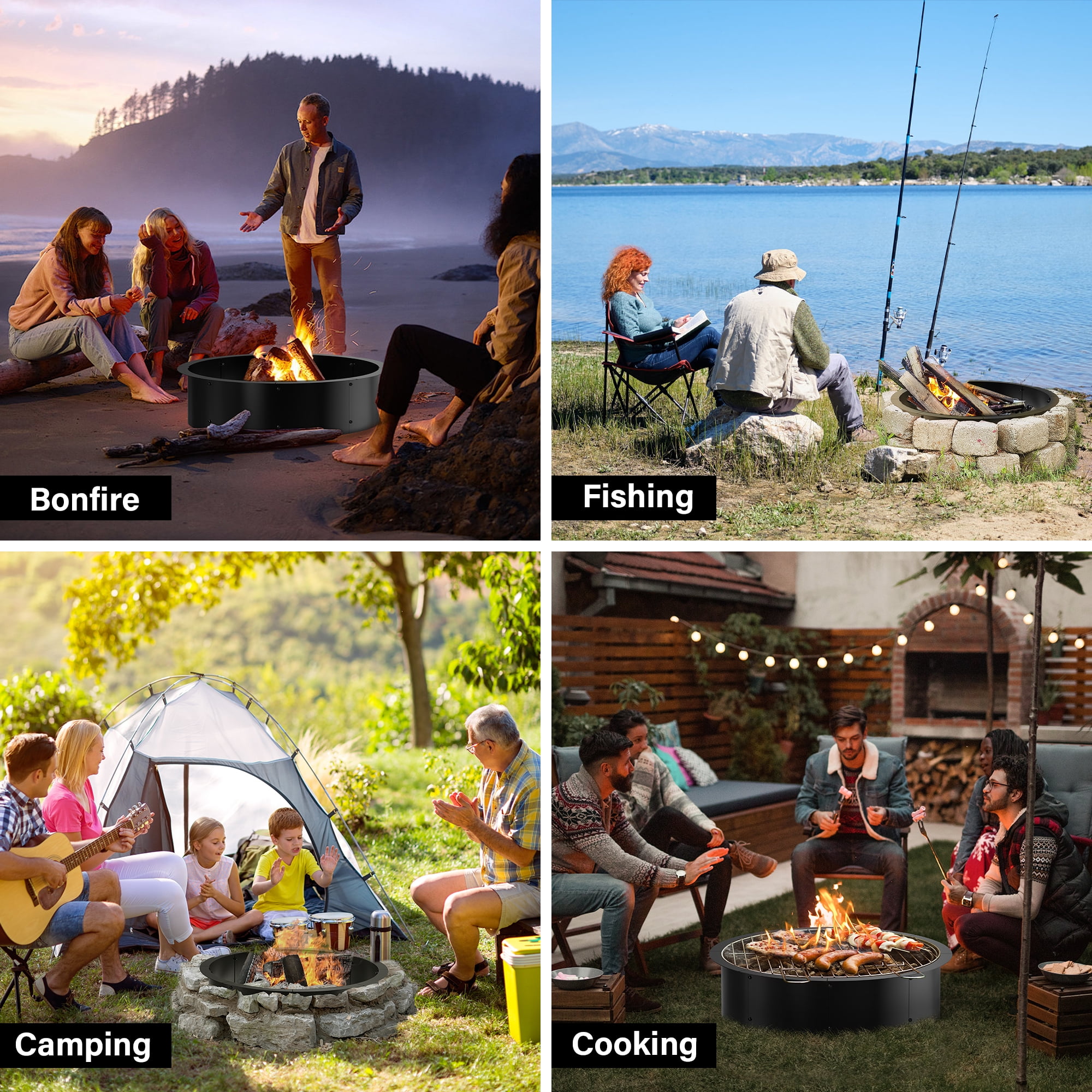Fire Pit Ring for DIY Smokeless Wood Burning Fire Pit Liner with Collar Support, 3mm Thick Heavy Duty Solid Steel Firepit Rim In-Ground Bonfire Outdoor Camping Cooking Patio Backyard, 39" Black
