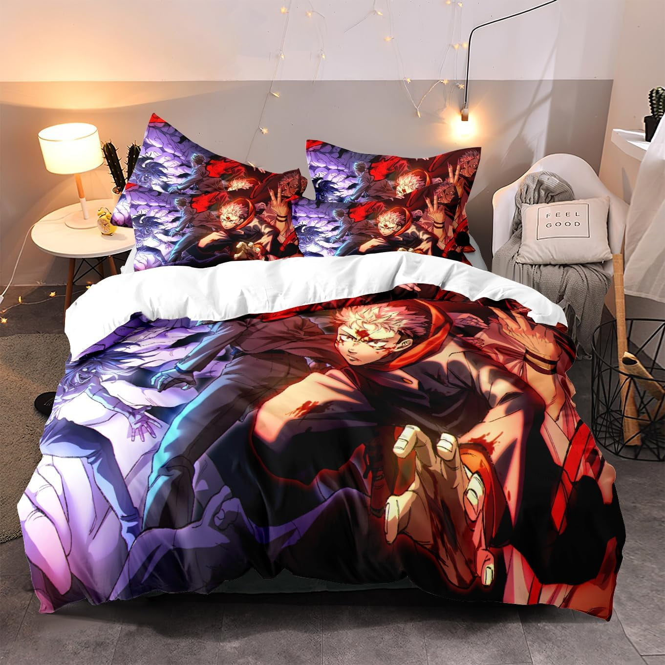 Anime Jujutsu Kaisen Duvet Cover Bedding Set,3D Anime Soft Comfortable Quilt Cover Twin Full Queen King Size with Pillowcases (Color 1, Twin)