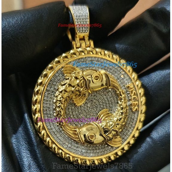 Genuine Moissanite Zodiac Astrology Birth Sign Lucky 'Pisces' Fish Horoscope 14K Yellow Gold Plated Charm Pendant for Men Women