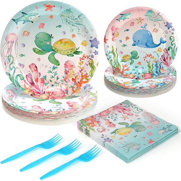 wonima02 96 Pcs Party Plates, Under the Sea Paper Plates and Napkins Party Supplies, Under the Sea Disposable Tableware Sets for Ocean Theme Birthday Baby Shower, Serve for 24 Guests, Light Blue