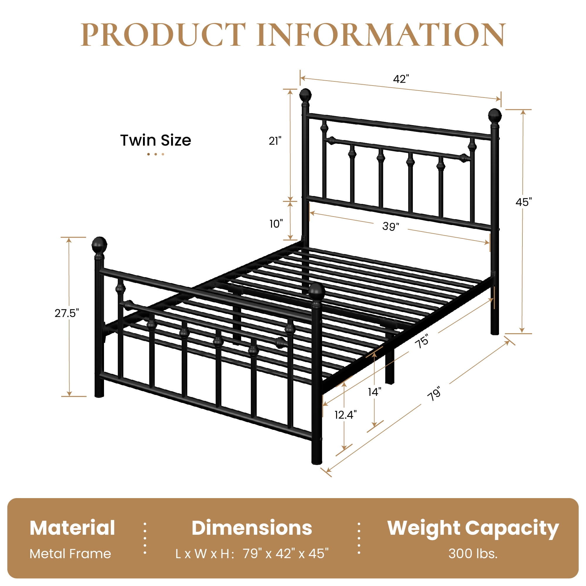 Sha Cerlin Black Twin Size Metal Platform Bed Frame with Victorian Vintage Headboard & Footboard
