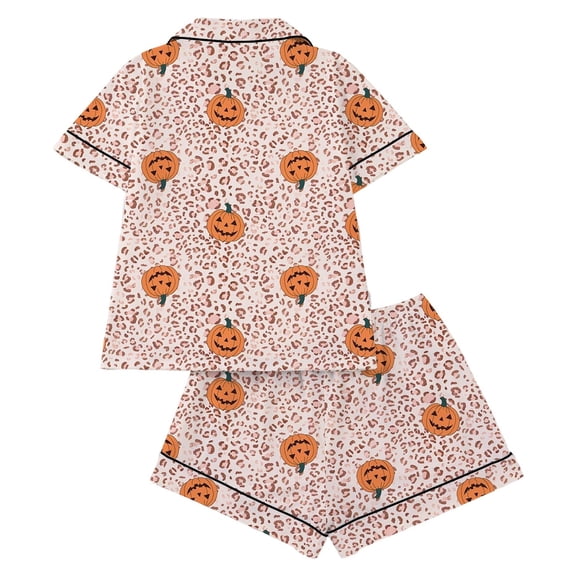 MEZZALL Women Halloween Pumpkin Print Pajama Set Lapel Collar Button Closure Chest Pocket Short Sleeve Tops With Elastic Waist Shorts Loungewear Sleepwear For Holiday 2 Piece Stylish Pjs